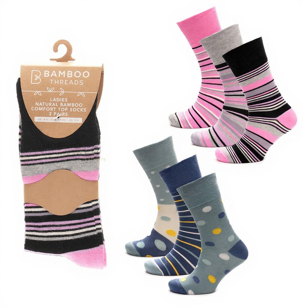 12 Pairs Ladies Bamboo Non Binding Loose Elasticated Socks Spots Stripes 4-8