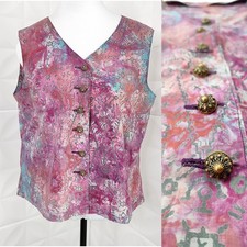 Vintage 80s Colorful Handmade Vest Metal Buttons Lightweight Cotton Pink Boho XL
