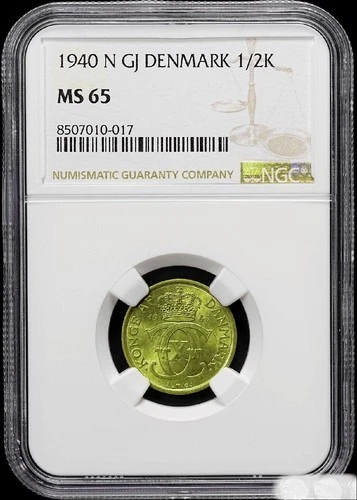 Denmark 1940 N GJ 1/2 Krone Golden ChBU Coin 2 Years Issue NGC MS 65 Km#831.2