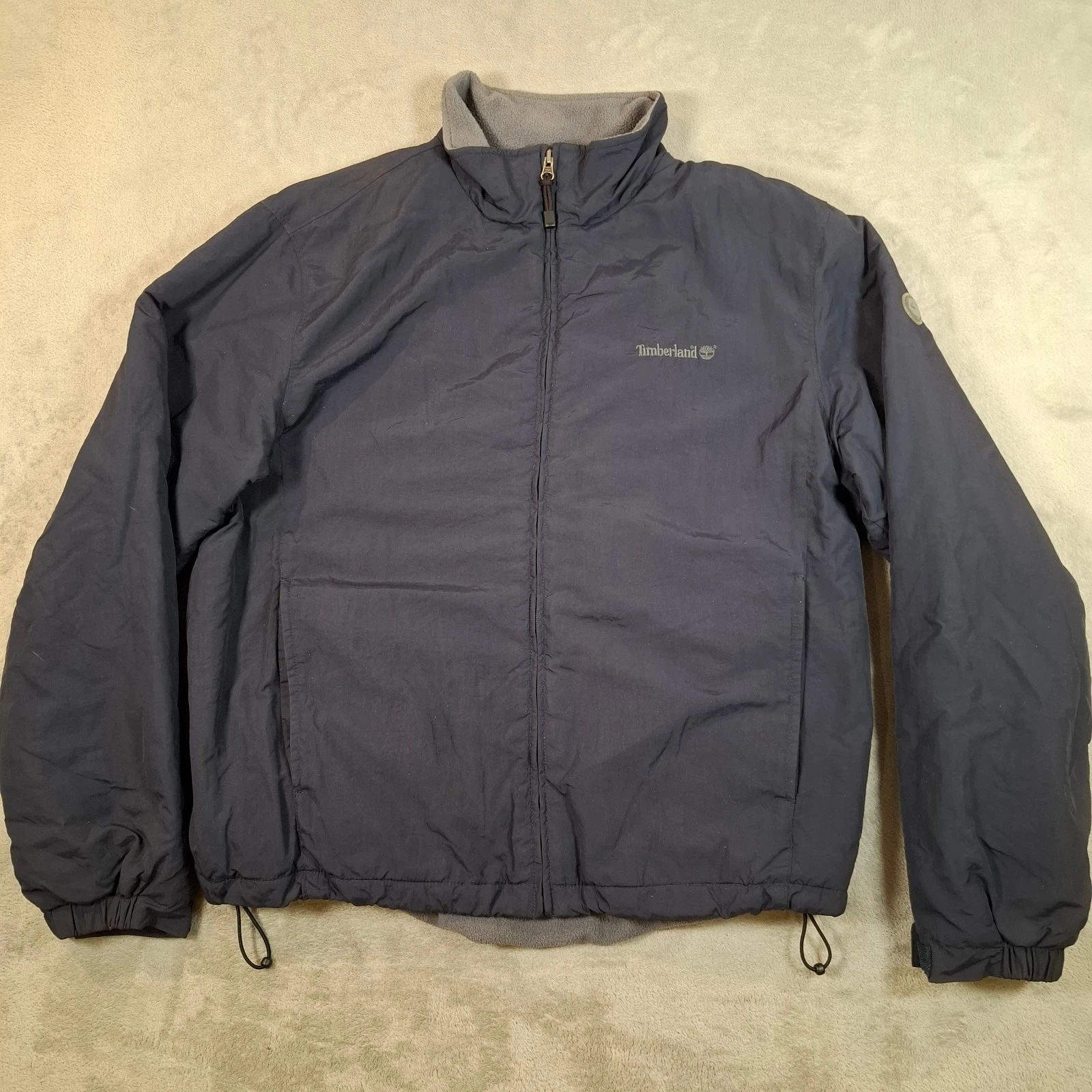 Timberland Jacket Mens Large Navy Grey Reversible Fleece Outdoor Full Zip Coat