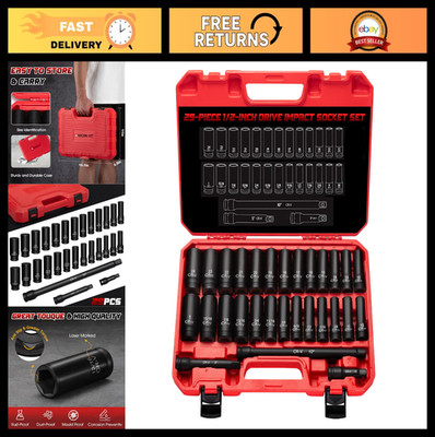 29-Piece 1/2'' Drive Impact Socket Set, Deep Cr-V-M Steel SAE & Metric, Storage C