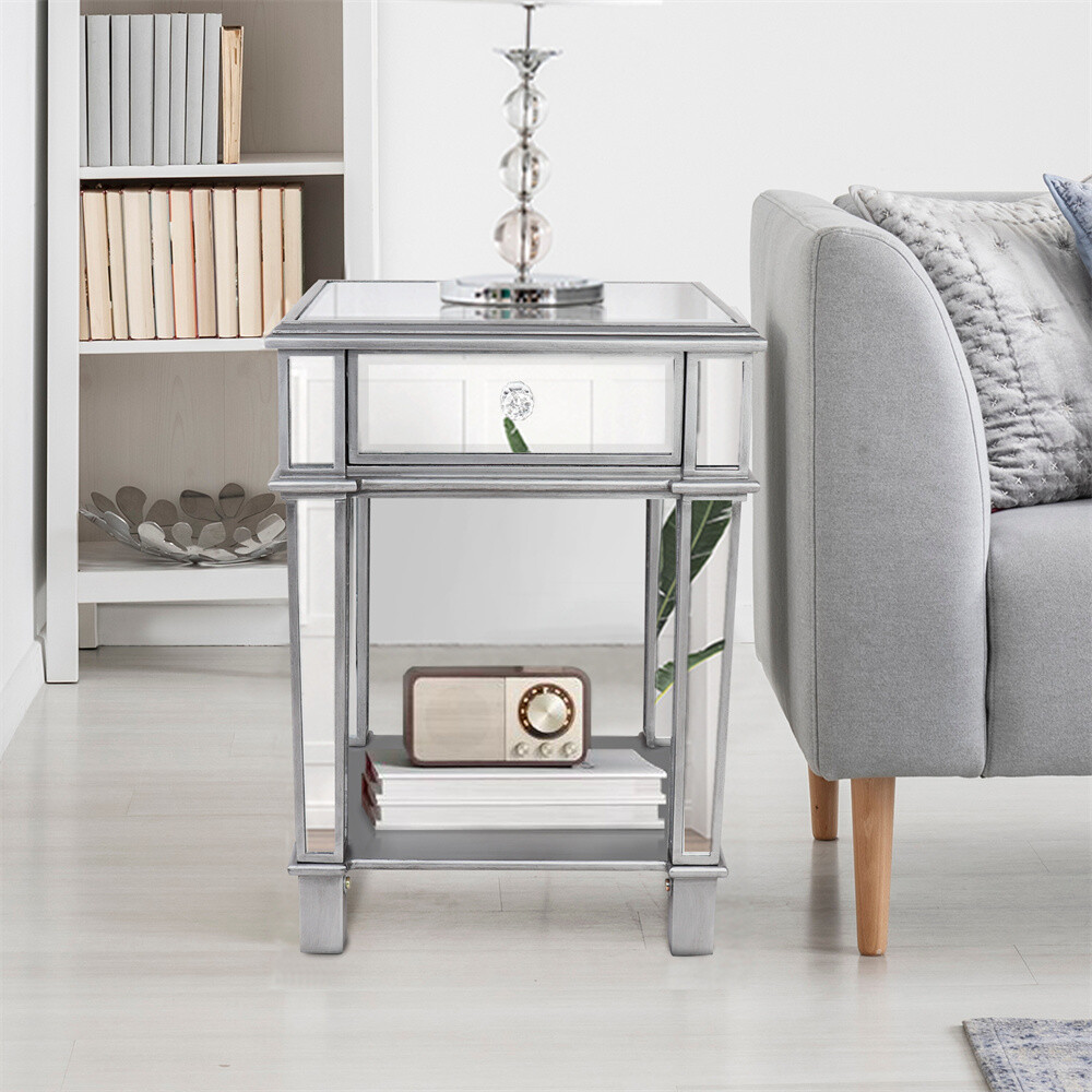 Drawer Mirrored Nightstand Side End Table Bedside Table for