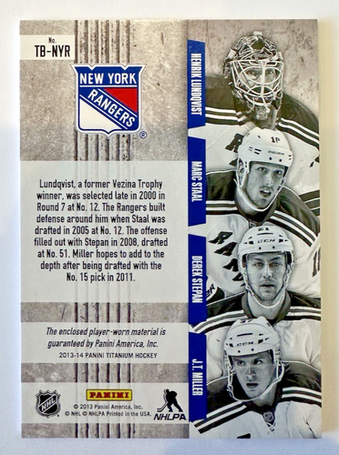 2013-14 Panini Titanium Team Building Lundqvist/Staal/Stepan/Miller Quad Jersey - Picture 2 of 2