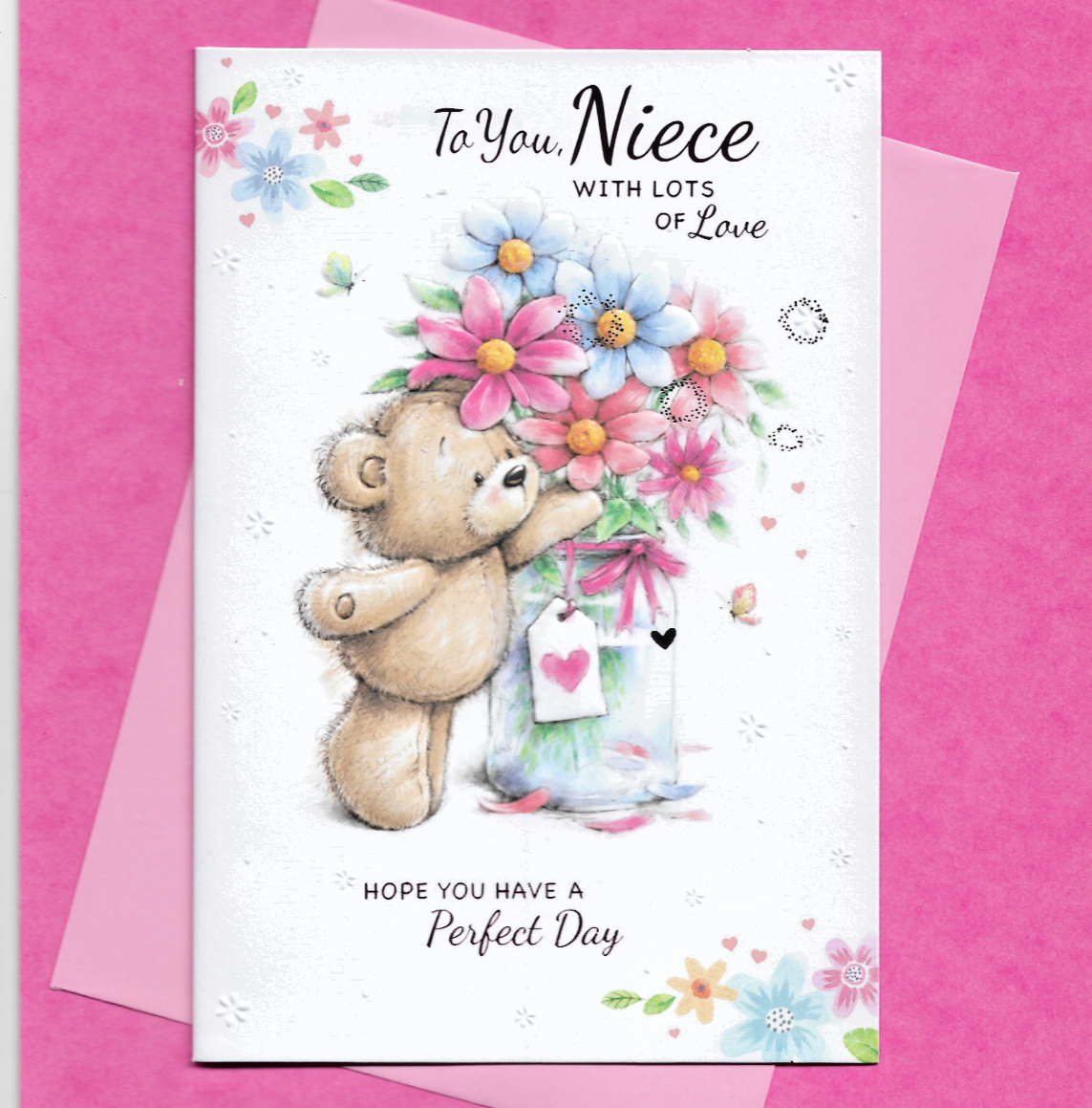 Niece Birthday Card Cute Teddy Bear Nice Flowers Special Perfect Day 19x13cm