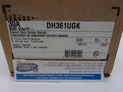 DH361UGK-Cutler Hammer -SAFETY SWITCH,3 POLE,NON-FUSIBLE, 30 AMP,600V,NEMA 1