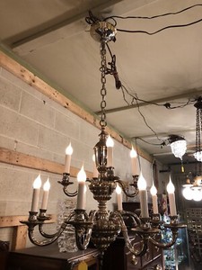 Antique Nickle Plated Brass Williamsburg Style 12 Light Chandelier 44” X 26”