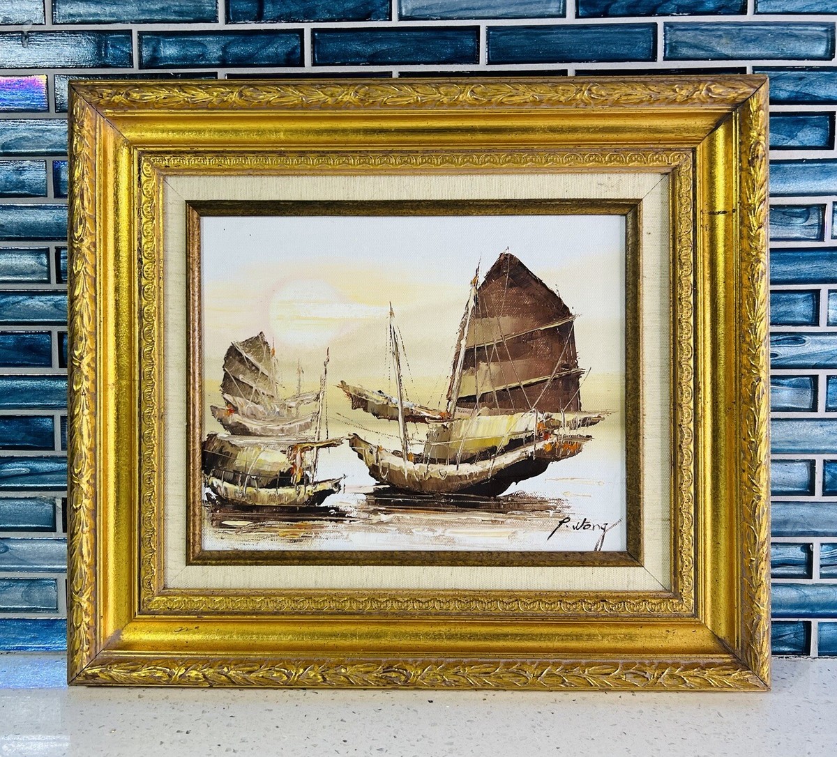 希少 絵画 アンティーク ヴィンテージ 油絵 風景画 船 Tony Wong