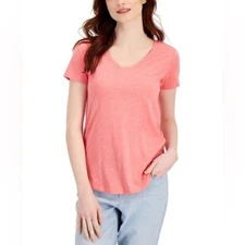 Style & Co Women's Burnout V-Neck T-Shirt Pink Heathered SZ L