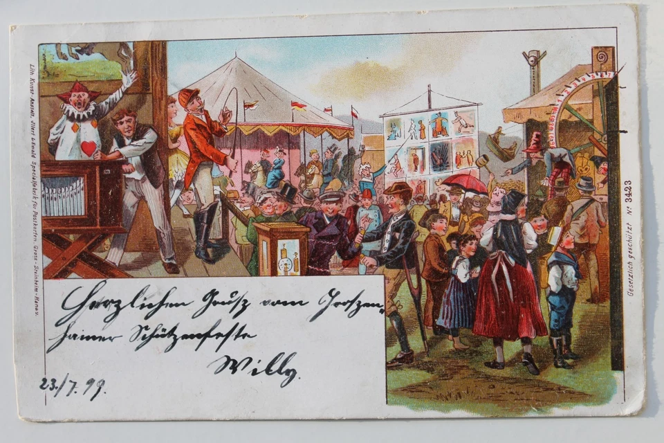 11012 Litho AK Vogelwiese Jahrmarkt Karussell Volksfest 1899 Stempel Großenhain - Bild 1 von 1