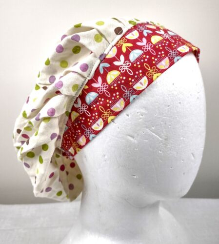 Bouffant Scrub Cap Chemo Hat Chef Handmade Cotton 23.5” to 33.5” Polka Dot Pink - Picture 1 of 10