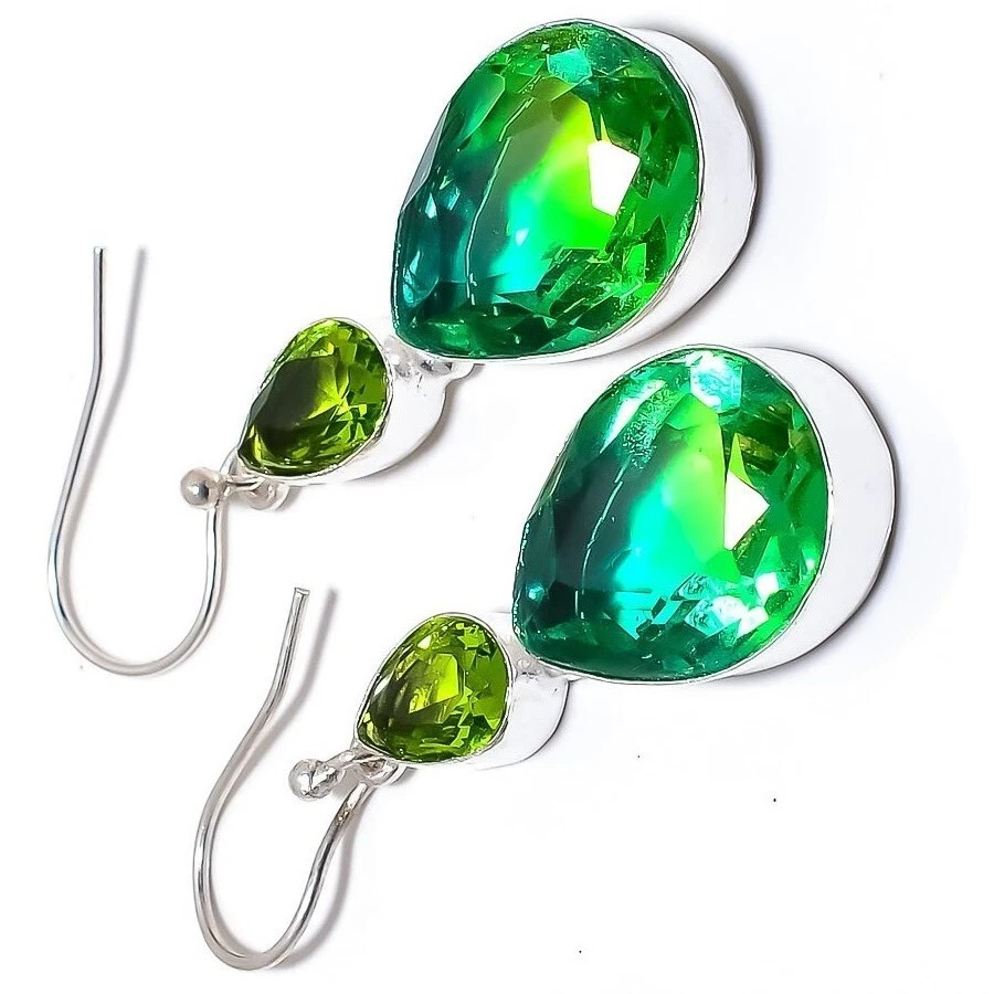 Bi Color Tourmaline Gemstone Handmade 925 Sterling Silver Jewelry Earrings 1.80" - Image 4 of 4