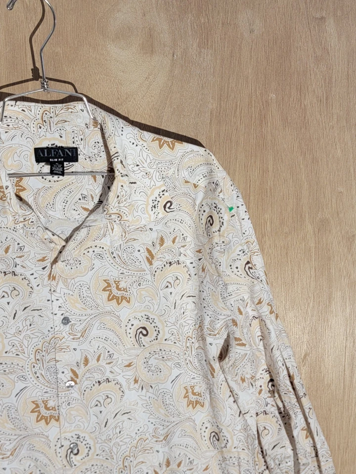 Alfani Slim Fit Hombre Manga Larga Abotonada XL 17-17.5 Cachemira Beige Dorado Blanco Foto 3 de 4