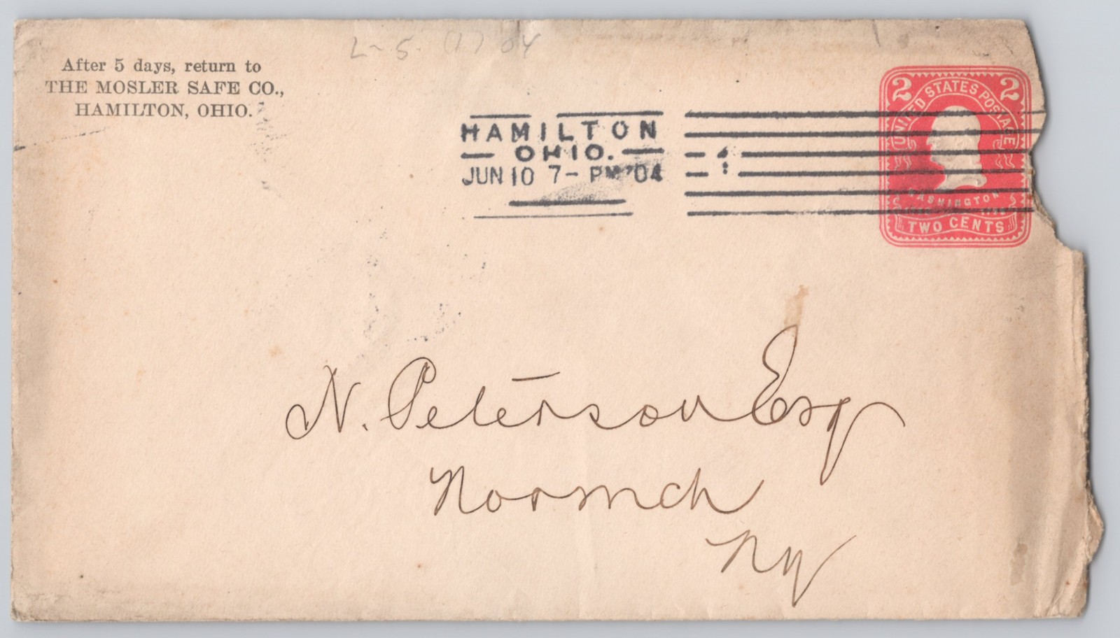 Hamilton, Ohio Mosler Safe Co. return envelope, Un 1904 Postal History