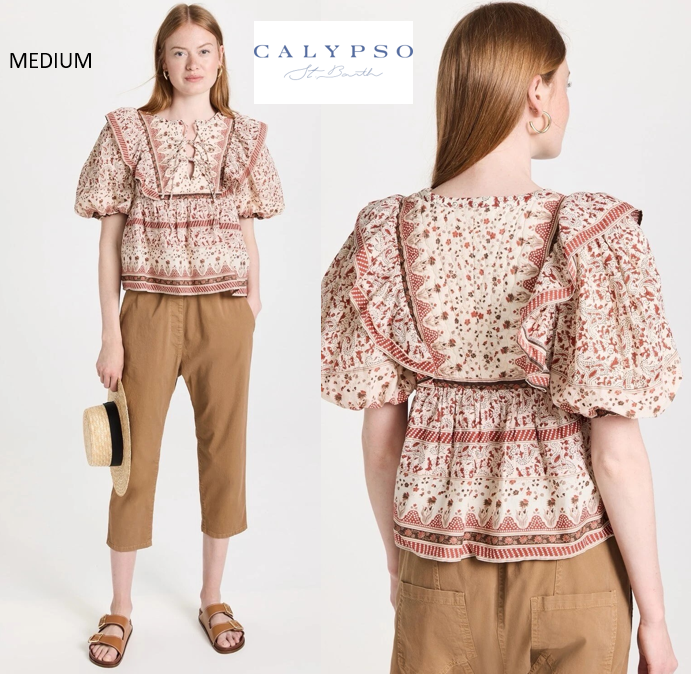 Calypso St Barth Quilted Red Floral Cotton Puff-Sleeve Ivette Top
