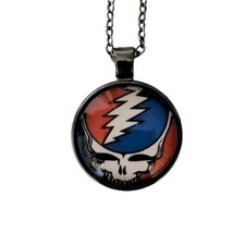 Grateful Dead Steal Your Face Necklace Glass Cabochon Pendant Gunmetal Chain
