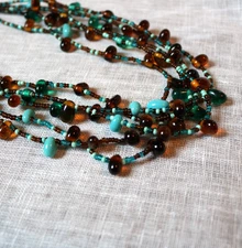 Vintage Seed Bead Necklace, Multi-Strand, Brown and Blue, Unique