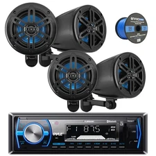Pyle Marine Bluetooth Receiver, 4x 5.25" 180W Off-Road Black Speakers, Wire