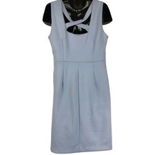 T Tahari Dress Size 14 Blue Midi Sleeveless Minimalist Criss Cross Back STAINS