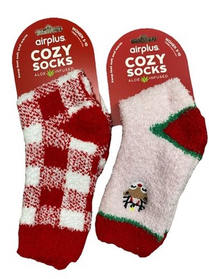AirPlus Fuzzy Sock Aloe Infused Ultra Comfort 2 Pk Christmas Gingerbread Penguin