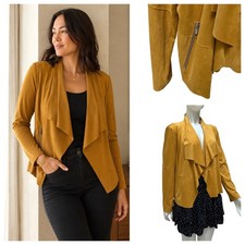 Bagatelle Mustard Yellow Faux Suede Draped Open Front Jacket Zip Pockets Large