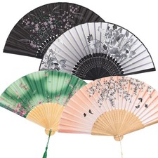 4 Pcs Handheld Folding Fan Small Chinese Silk with Tassel Floral Manual Fan H...