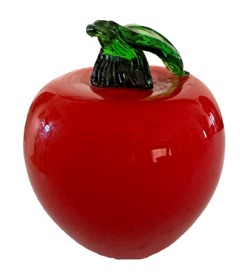 VTG HAND BLOWN RED APPLE WITH GREEN STEM & LEAF ART GLASS MURANO STYLE 5.5'' (16)
