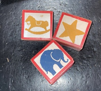 3 Painted Wood Red Blocks Elephant Star Train Rocking Horse Wooden Block Toys