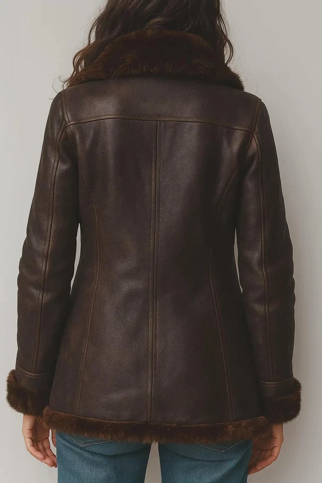 Women’s Shearling Leather Coat – Vintage Brown Sheepskin Jacket with Fur Lining - Image 2 of 4