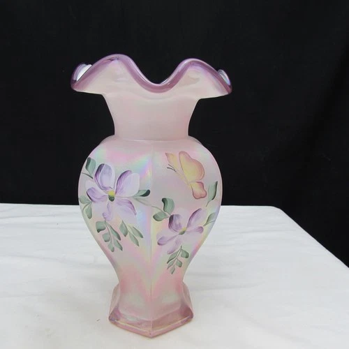Fenton Champagne Satin Iridized Hand Painted Hexagonal Vase Special Order 97 148
