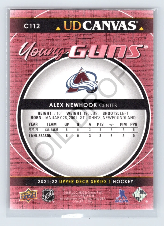 2021-22 Upper Deck Series 1 UD Canvas Young Guns Alex Newhook Rookie #C112 - Image 2 of 2
