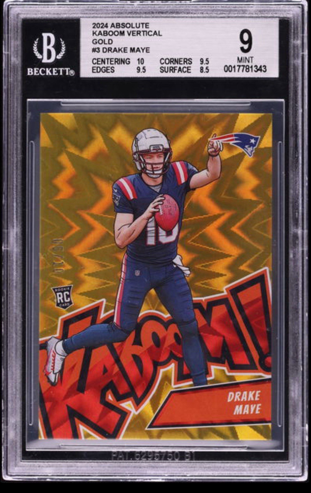 2024 Panini Absolute - Kaboom! Vertical Drake Maye #3 Gold /10 (RC)