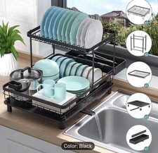 2 Tier Dish Drainer Rack with Drip Tray, Utensil Holder And Draining Board-Black