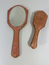 Antique Vanity Dresser Set Hand Mirror and Hair Brush Vtg Celluloid Pink 1920-30