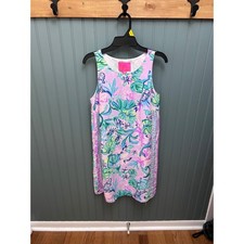 Lilly Pulitzer Pink Tropical Floral 100% Silk Shift Dress XXS Sleeveless Lace
