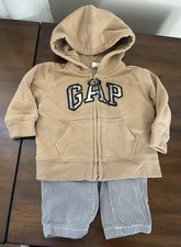 Boys Baby Gap 2 pc Sweat shirt logo hoodie Size 3-6 striped cotton pant pull on