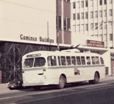 1973 BC Hydro Trackless Trolley Bus Photo Cominco Building Vancouver Canada