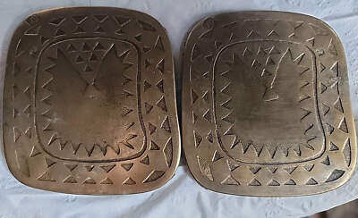 Set Of 2 Vintage Rectangle Brass And Leather Coaster Triangles Pattern