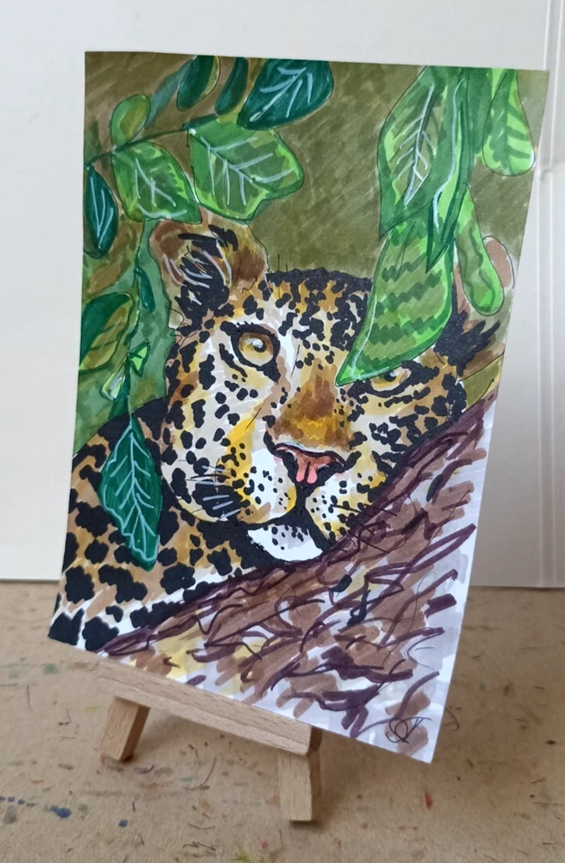 Retrato de leopardo animal África pintura original arte pintado a mano pequeño 6x4"" Foto 3 de 4