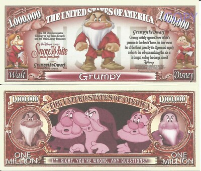 Grumpy Snow White Seven Dwarfs Commemorative Million Dollar Bills x 2 1937 Film
