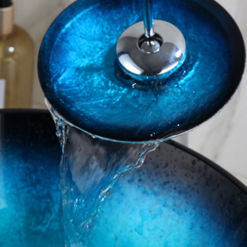 Blue&Black Bathroom Glass Round Sink Washing Bowl Waterfall Faucet Set Mixer Tap - Picture 11 of 12
