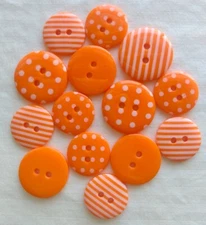 Set of Round Orange Buttons 2-Hole Flat White Dots & Stripes Crafts Clothing