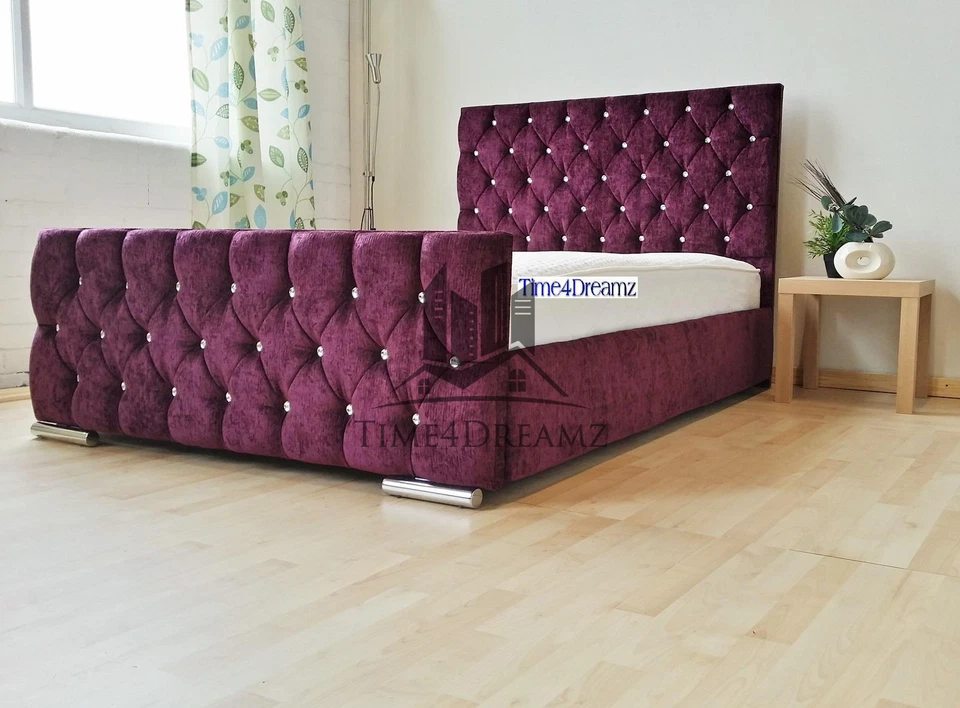 TIME4DREAMZ New Aubergine Chenille Fabric Upholstered Diamond Bed Frame 4'6 5FT 6FT Sizes