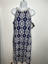 Nine West Womens Dress Sz 10 Blue White Floral Embroidered Sleeveless NEW