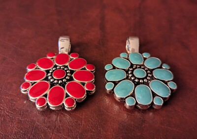Premier Designs Pendant Flower Reversible Turquoise &Coral Flipside 4722 