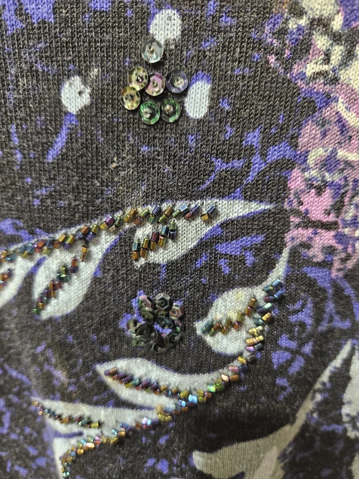 PETER NYGARD, SUÉTER MUJER MORADO/NEGRO ALGODÓN BL MANGA 3/4 GEO CUENTAS TALLA 1X Foto 3 de 4