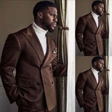 Brown Satin Men's Suits Peak Lapel Double Breasted Tuxedos Wedding Prom Blazer