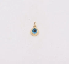 Round Small Ocean Blue Evil Eye Charm Pendant Real 14K Yellow Gold