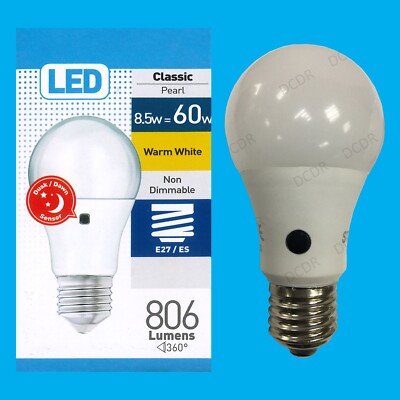 8x 8,5W = 60W LED Pearl GLS Dämmerungssensor Sicherheit Nachtlicht Birne ES E27