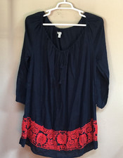 J. Crew Womens Linen Embroidered Peasant Tunic Dress Medium Long Sleeve Navy/Red