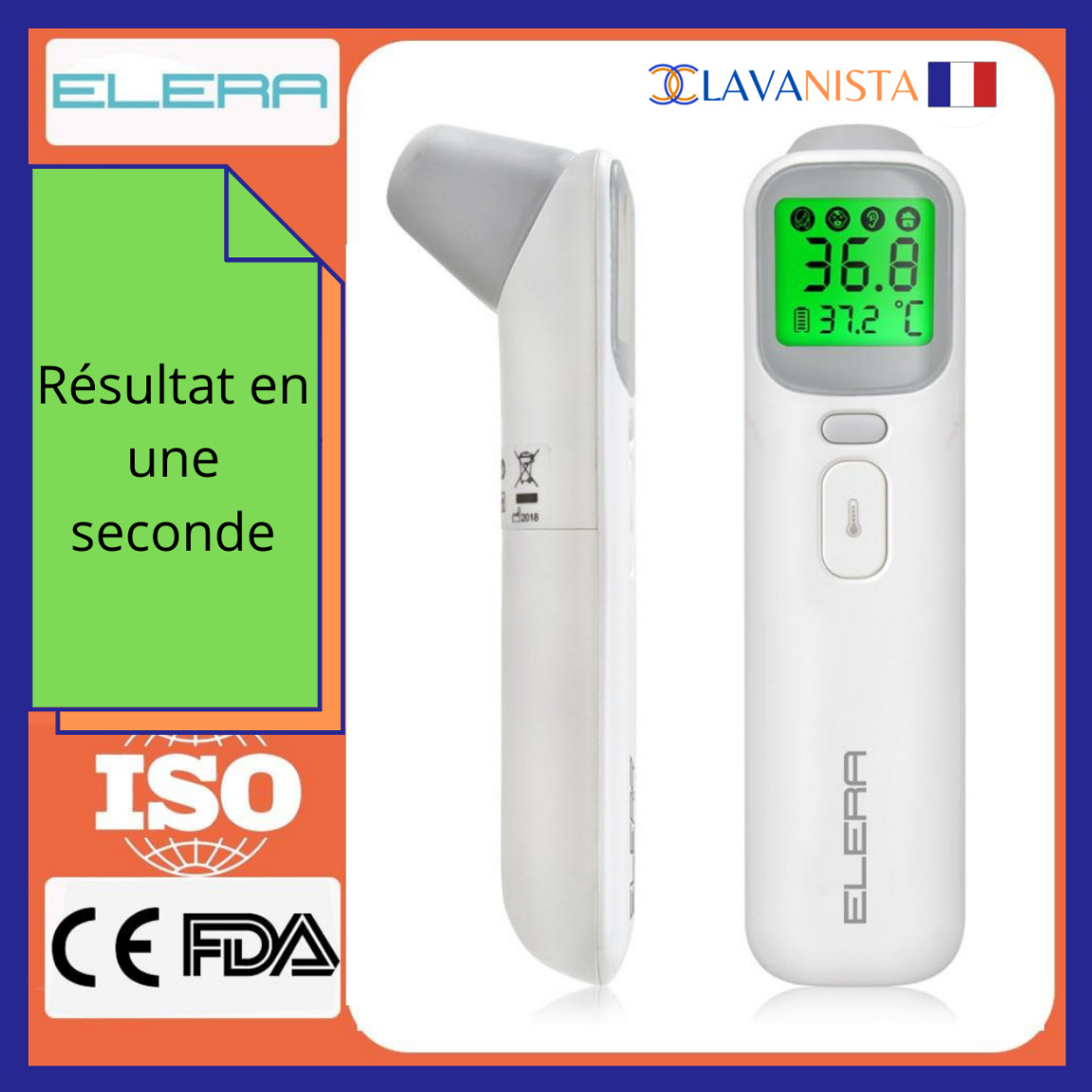 Thermomètre frontal ELERA infrarouge sans contact médical avec écran LCD blanc